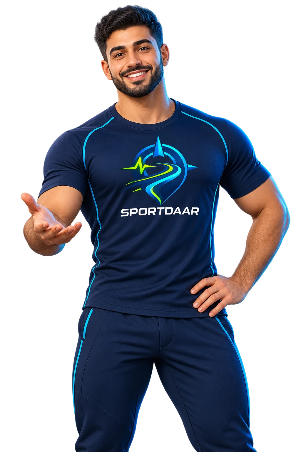 شخصية مدرب Sportdaar الافتراضية بتيشيرت يحمل شعار المنصة
